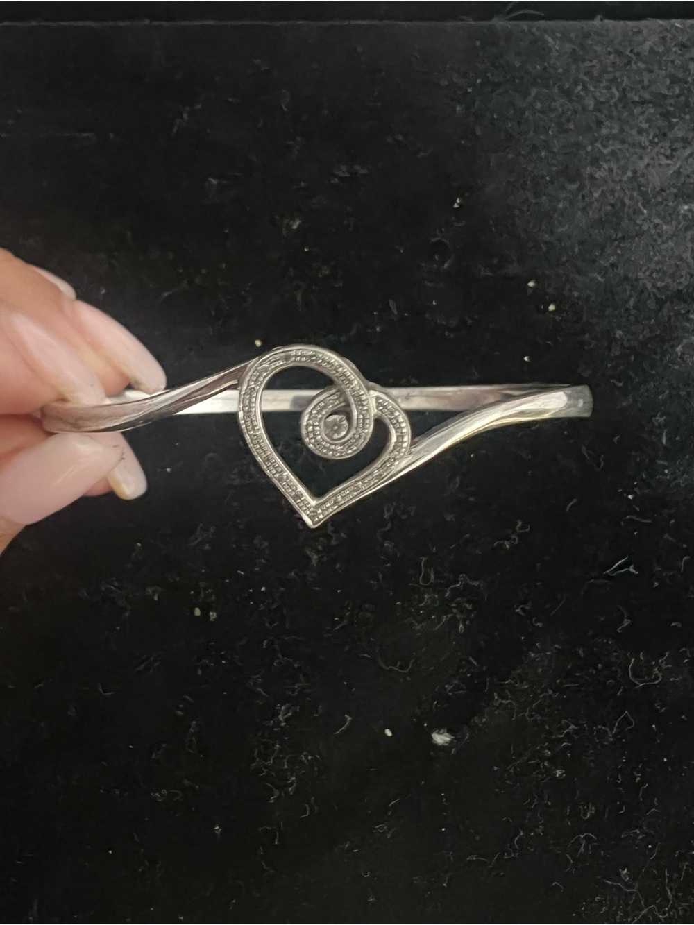 925 Sterling silver diamond swirl heart hinged bangle bracelet. KSJ